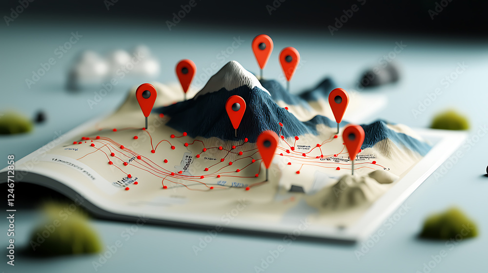 Poster mapping exploration journey 3d topographical model with location markers outdoors informative visual