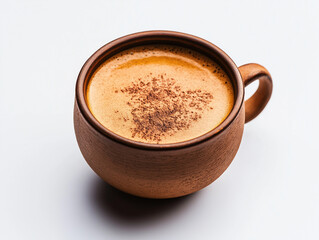 Cremiger Kaffee in einer rustikalen Tasse mit Kakaopulver bestreut

