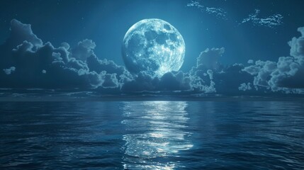 A background featuring a full moon over a calm ocean surrounded by clouds, perfect for romantic or relaxation projects involving nature and the night sky.