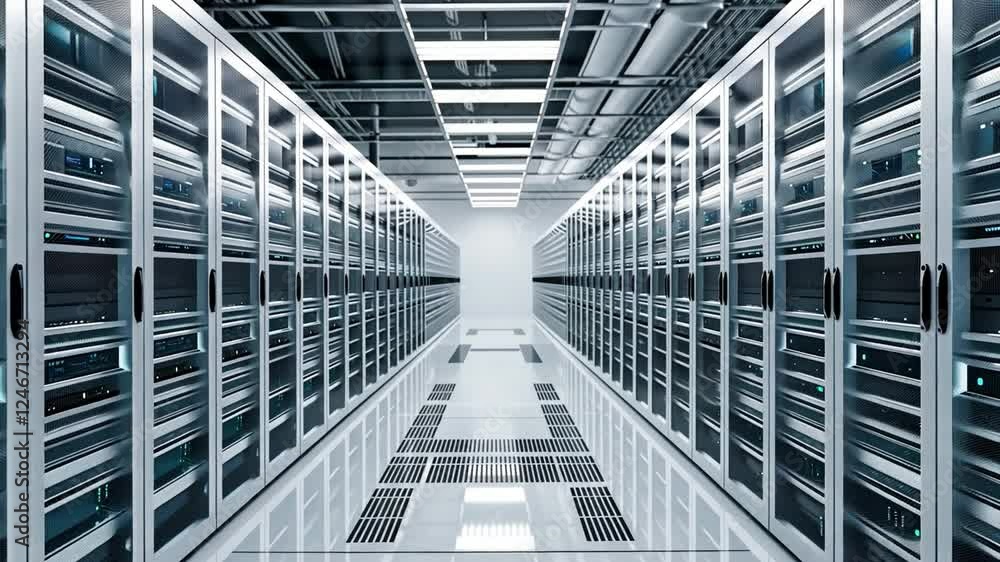Poster server room data center: rows of sleek, modern servers line a brightly lit data center, creating a v
