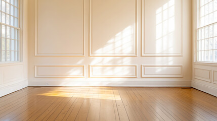 Fototapeta premium Sunlit interior space with elegant wall paneling and large windows for modern home design