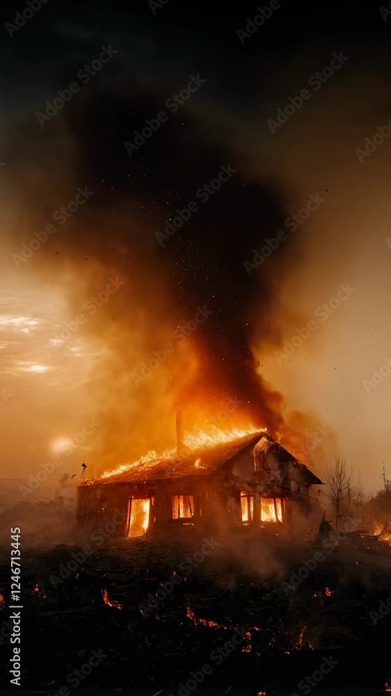 Poster dramatic scene of a wooden house engulfed in flames and thick smoke, burning intensely against a bac