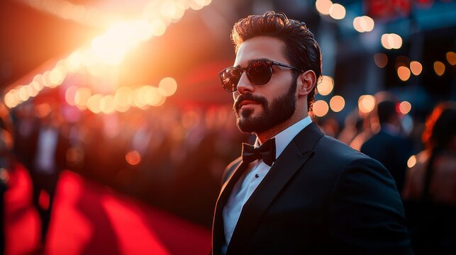 Amidst a dazzling atmosphere, a stylish man in a tuxedo stands confidently on the red carpet, surrounded by festival lights and fellow attendees during a prestigious entertainment event