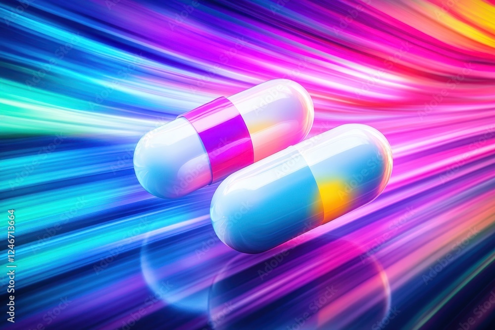 Poster colorful capsules floating in a vibrant abstract pattern against a bright background