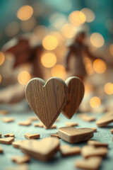 Wooden hearts background, bokeh in the background. Generated with AI
