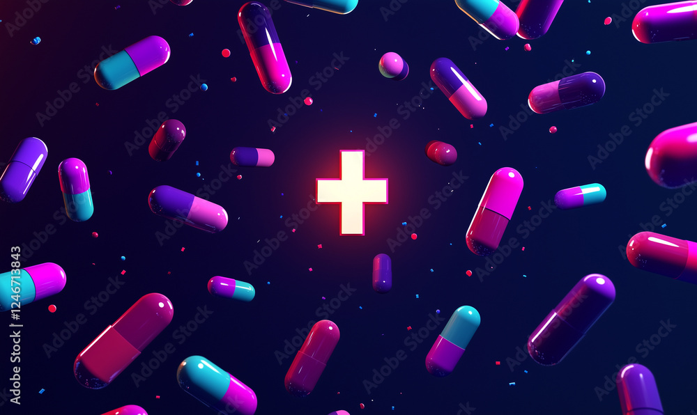 Poster dynamic capsule display of pharmacy supplements and vitamins abstract 3d visualization healthcare en