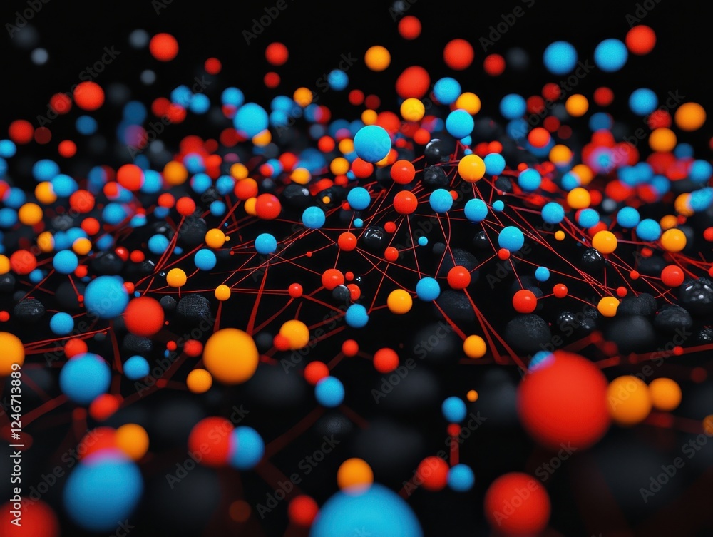 Poster a vibrant abstract visualization of interconnected spheres, showcasing a network of colorful nodes a