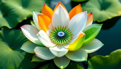 Indian flag-themed lotus flower with Ashoka Chakra floating on serene water surface