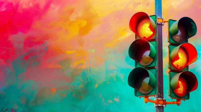 Bright background with two sets of traffic lights against a multi-coloured wall, ideal for designing city posters or promotional materials related to transport and road safety.