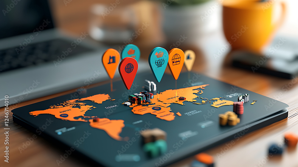 Poster interactive map exploration of global locations with colorful markers digital workspace setting info