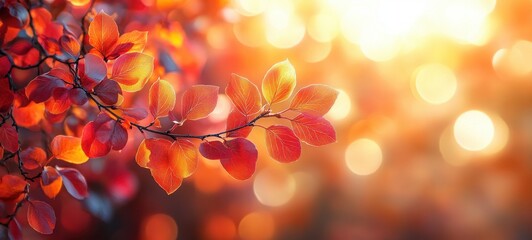 Vibrant autumn leaves illuminated by sunlight in a blurred park with bokeh effect