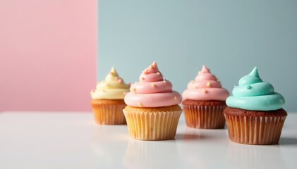 Colorful cupcakes on a minimalist table against a light background, pastries, dessert, sweet treats