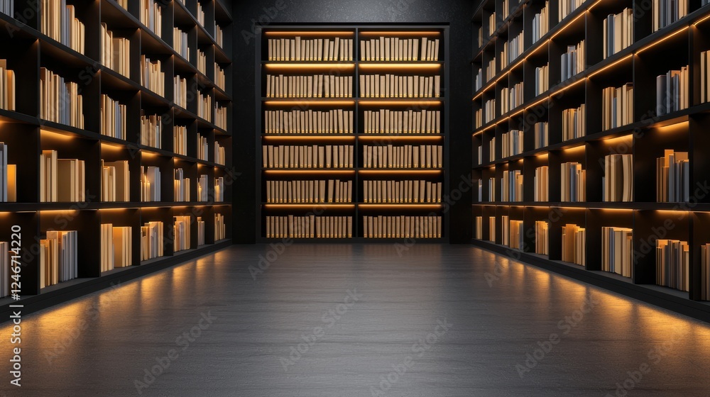 Poster a modern library interior featuring floor-to-ceiling bookshelves illuminated by soft lighting, creat