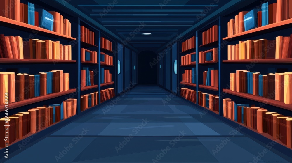 Poster a dimly lit library corridor lined with shelves of colorful books, creating a mysterious and invitin
