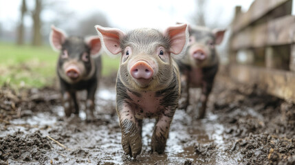 Farm animals, including piglets playing in the mud near a rustic wooden fence