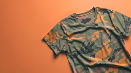Background with camouflage t-shirt, great for clothing ads, military theme or outdoor goods design.