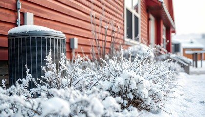 Winter scene, red wooden house, snow-covered bushes, air conditioning unit, evergreen tree, frost-covered plants, white snow ground, seasonal contrast, residential exterior