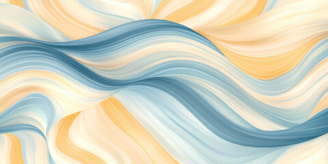 Obraz premium A seamless background of smooth, curved waves in pastel peach fuzz, chambray blue, and sunshine yellow, evoking a sense of fluidity and serenity.