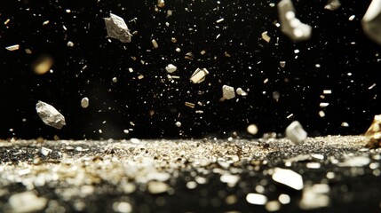 Dynamic Explosion of Small Rocks and Dust Against Black Background