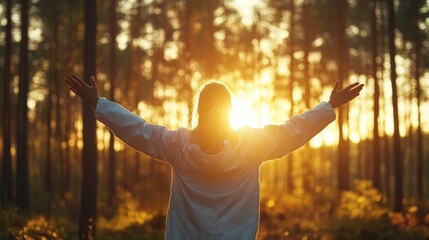 Person standing in a forest with arms outstretched surrounded by trees and natural scenery