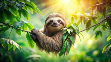 Obraz premium Double Exposure: Sloth in Lush Rainforest Canopy Eating Leaves