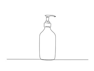 Continuous one line drawing of cosmetic bottle with pump dispenser design. Pump soap bottle in single line draw illustration. Editable stroke.