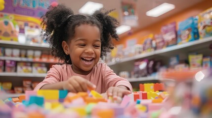 A young girl is playing with blocks in a store