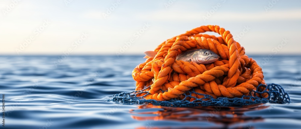 Poster rope submerged in water with ripples and reflections in a natural setting