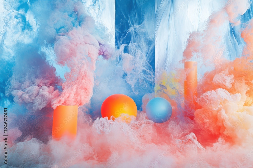 Poster colorful smoke and geometric shapes create an abstract atmosphere in a studio setting