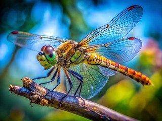 Dragonfly Perched on a Unique Twisted Branch - Nature Stock Photo