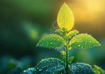 delicate young plant with water droplets and spider webs
