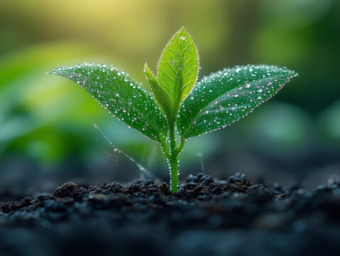 young plant with dewdrops glistening in sunlight