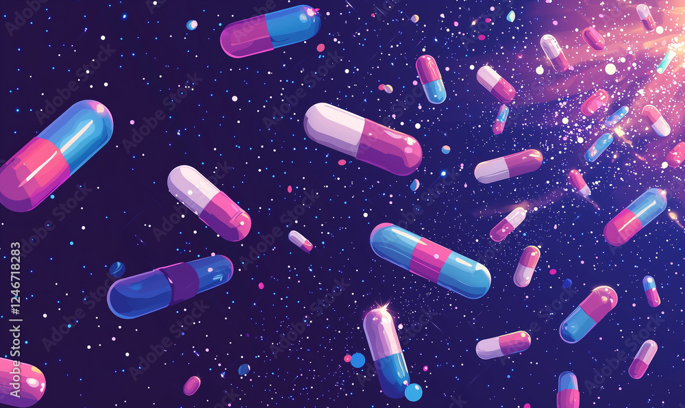 Poster colorful capsules float in a cosmic background, creating an abstract representation of health and me
