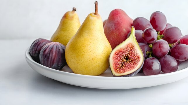 A clean and fresh arrangement of pears and figs with natural elements for healthy eating and culinary inspiration - Powered by Adobe