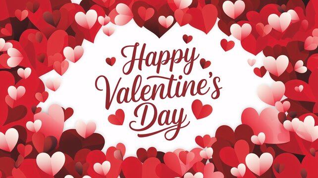 A red and white Valentine's Day card with hearts surrounding a white background. The card is filled with red hearts and the words "Happy Valentine's Day" written