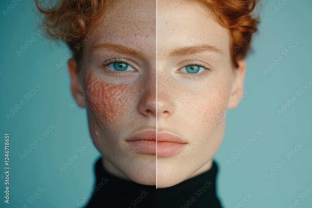 Fototapete split face comparison showcasing acne and redness on one side with smooth glowing skin on the other 