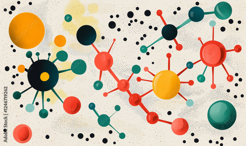 Poster colorful abstract illustration featuring interconnected circles and dots on a light background, depi