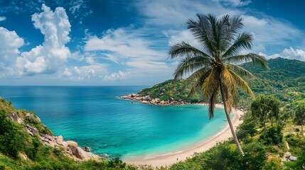 Photo of an island with palm trees and turquoise water, under a clear blue sky
