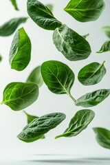 Fototapeta premium Floating Spinach Leaves Fresh, Vibrant Green Leafy Vegetable in Mid-Air