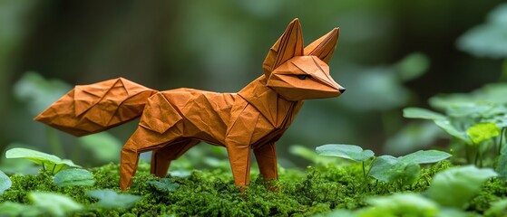 Fototapeta premium Origami fox standing gracefully on mossy forest ground, rich green foliage, soft morning light
