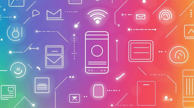 Seamless futuristic pattern of technology and communication icons on a vibrant gradient background