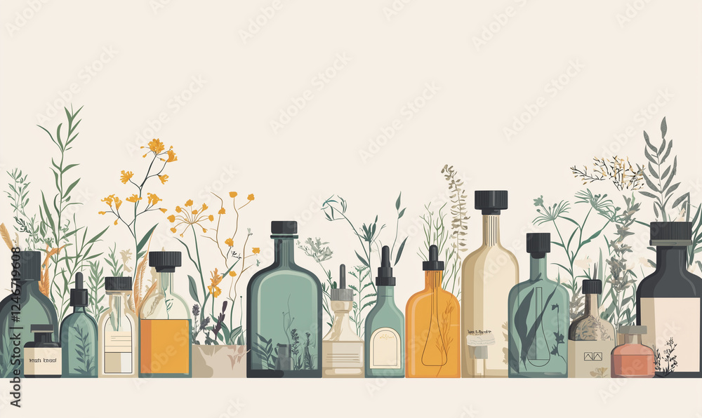 Poster array of decorative bottles with botanical elements in a minimalist design.