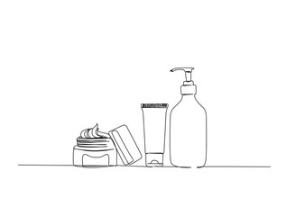 Continuous one line drawing of osmetic products. Skin care product set in shopping bag in single line draw illustration. Editable stroke.