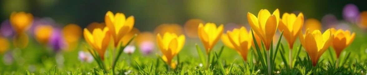 Fototapeta premium Yellow crocus in a field with other colorful flowers, fresh, flowers, landscape