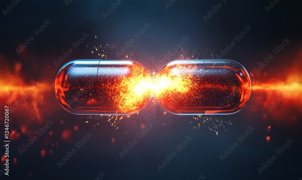 Poster capsules collide, creating an explosion of energy and sparks, showcasing a dynamic and vibrant visua