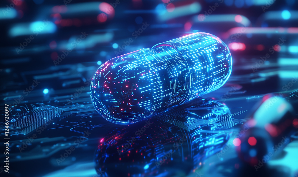 Aufkleber digital pill with glowing data patterns and reflections, symbolizing technology in healthcare and ph