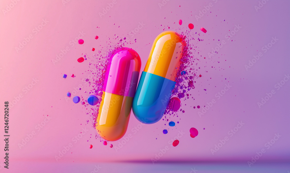 Poster two vibrant capsules collide, surrounded by colorful splashes, creating a dynamic, energetic visual 