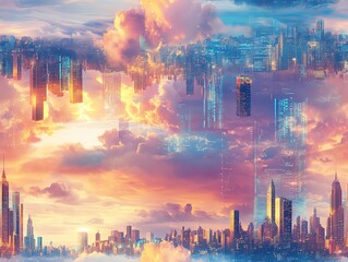 Fototapeta premium Stunning city skyline with vibrant sunset colors.