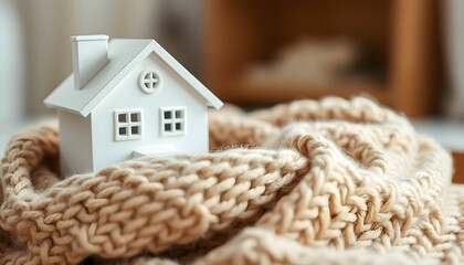Miniature white houses, cozy knit nest, warm beige tones, soft focus, macro photography, hygge concept, home comfort, neutral palette, delicate details, winter warmth