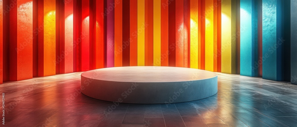 Aufkleber colorful round podium display for products with rainbow gradient background in modern minimalist sty